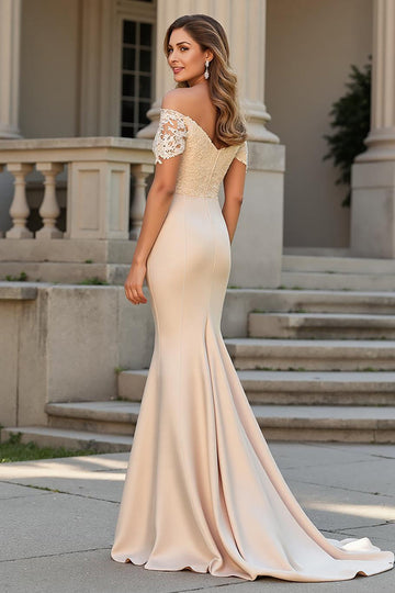 Off the Shoulder Mermaid Champagne Appliqued Mother of the Bride Dress